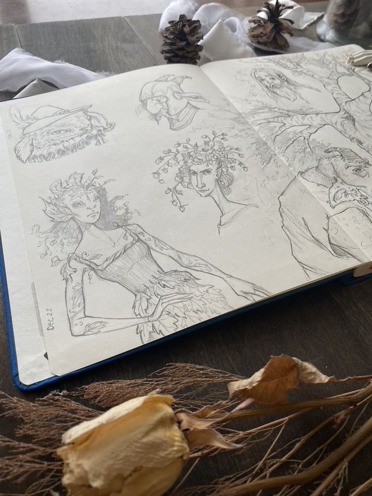 Dryad Character sketchbook page by Manelle Oliphant