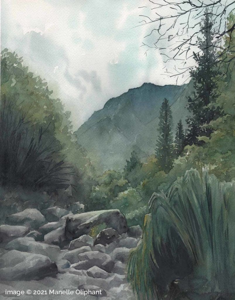 Landscape watercolor painting by Manelle Oliphant