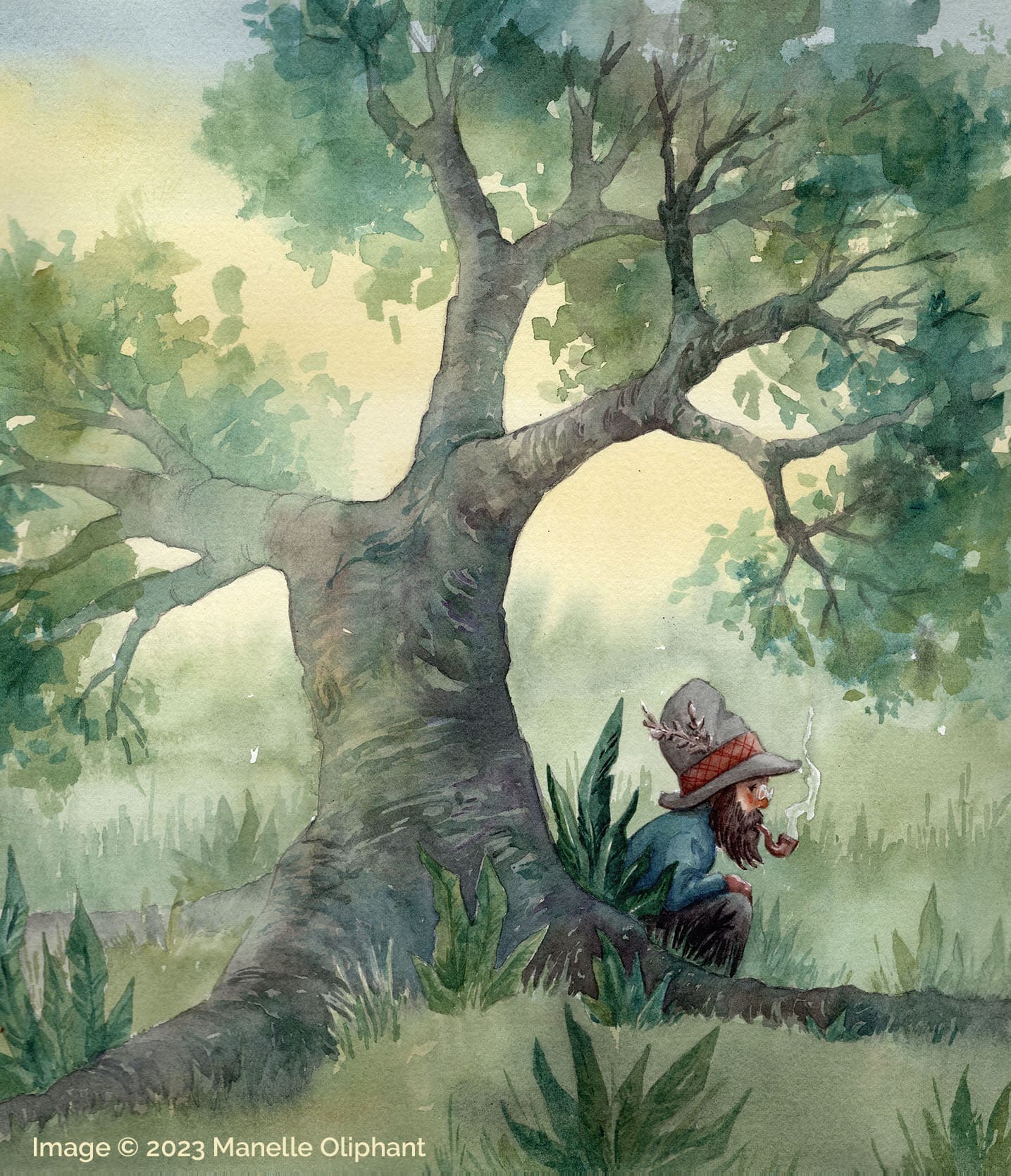 Dwarf under a tree watercolor art by manelle Oliphant